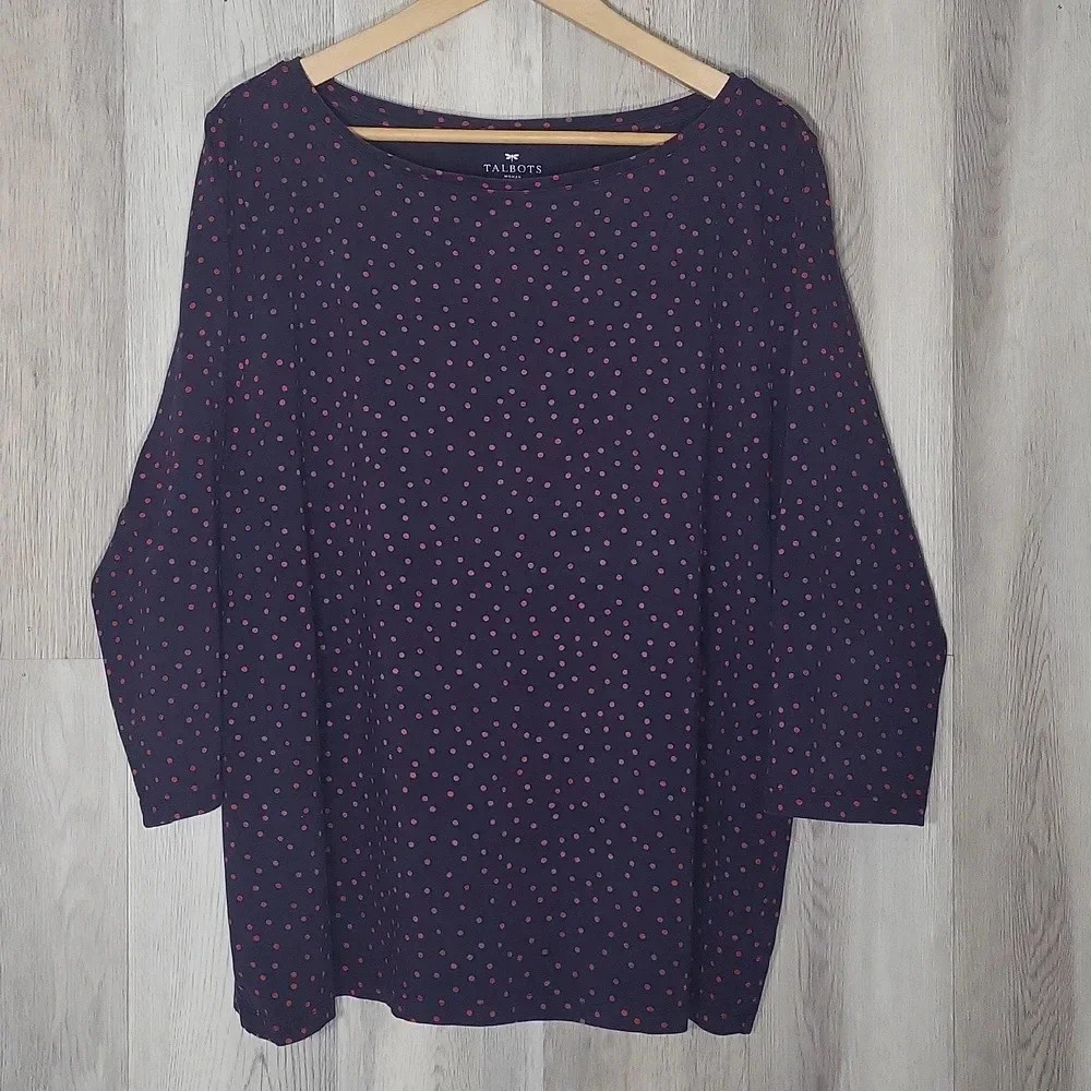 Talbots Blue‎ Red Dot Long Sleeve Round Neck Top Womens Size 3X